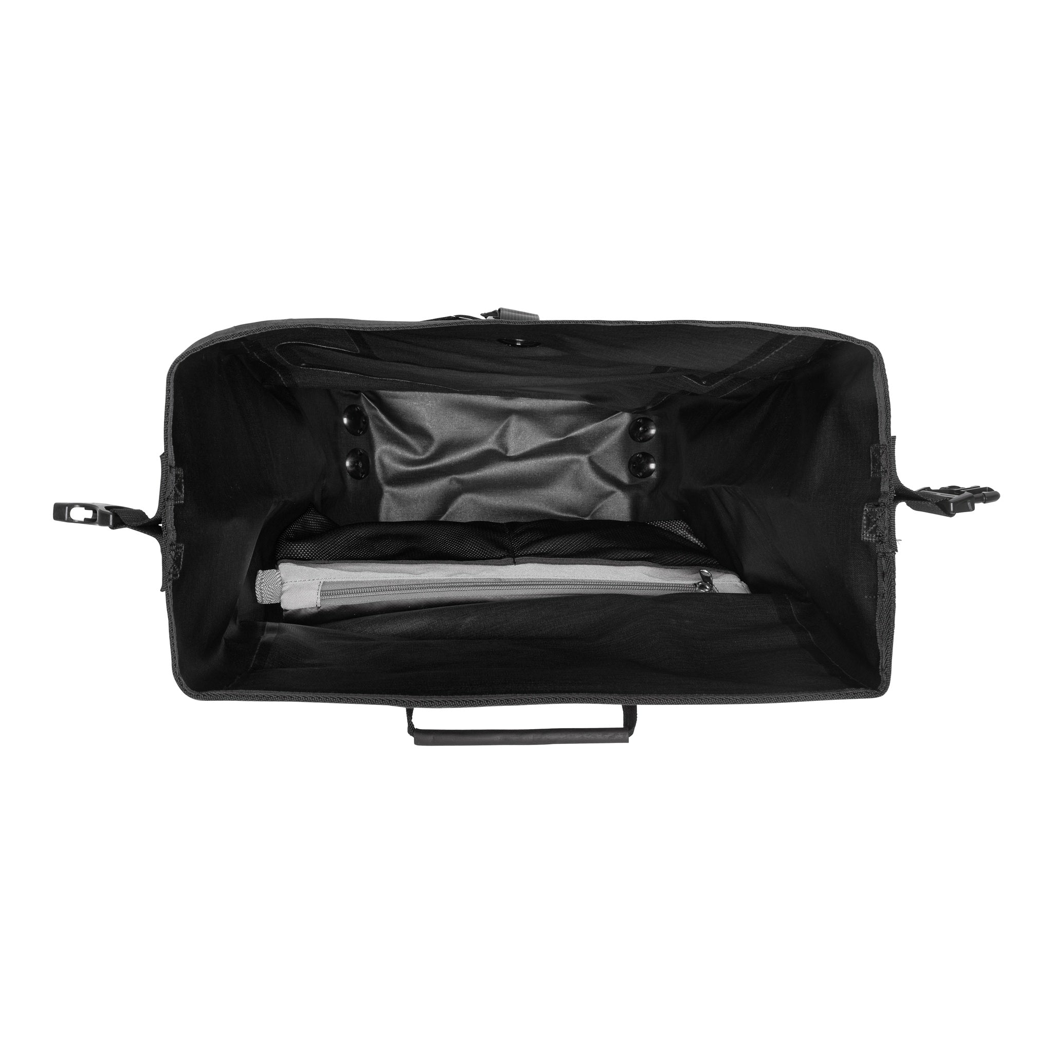 Vista interior del ORTLIEB Back-Roller XL Plus QL2.2 en granite - black con gran compartimento principal y bolsillo con cremallera