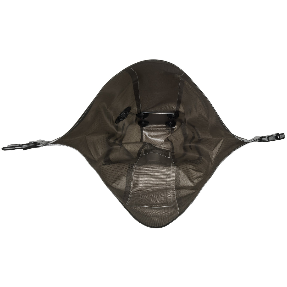 Vista interior de la ORTLIEB Seat-Pack QR color dark-sand abierta mostrando la estructura interna