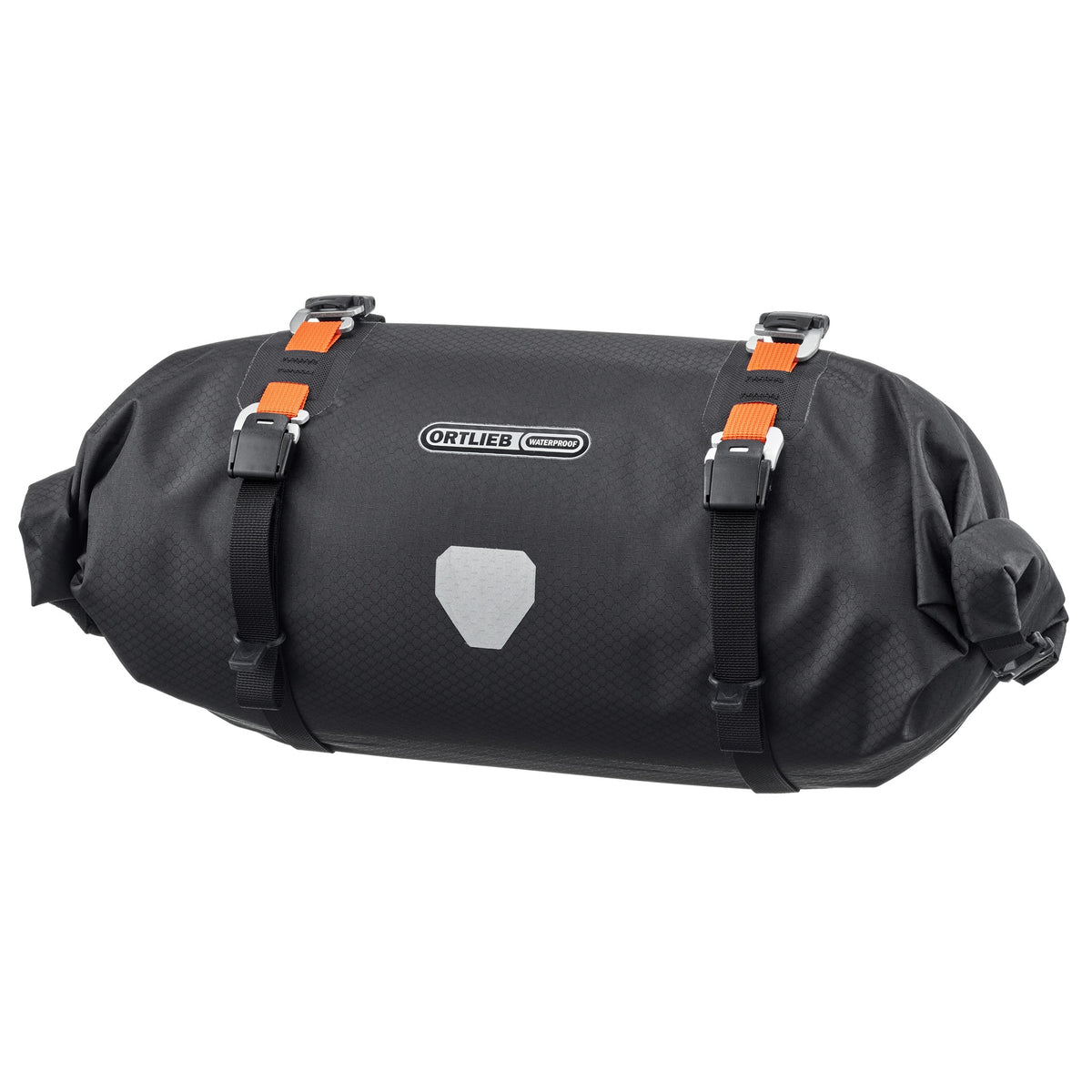 Vista frontal del ORTLIEB Handlebar-Pack Flex color black-matt con logotipo reflectante y correas de compresión