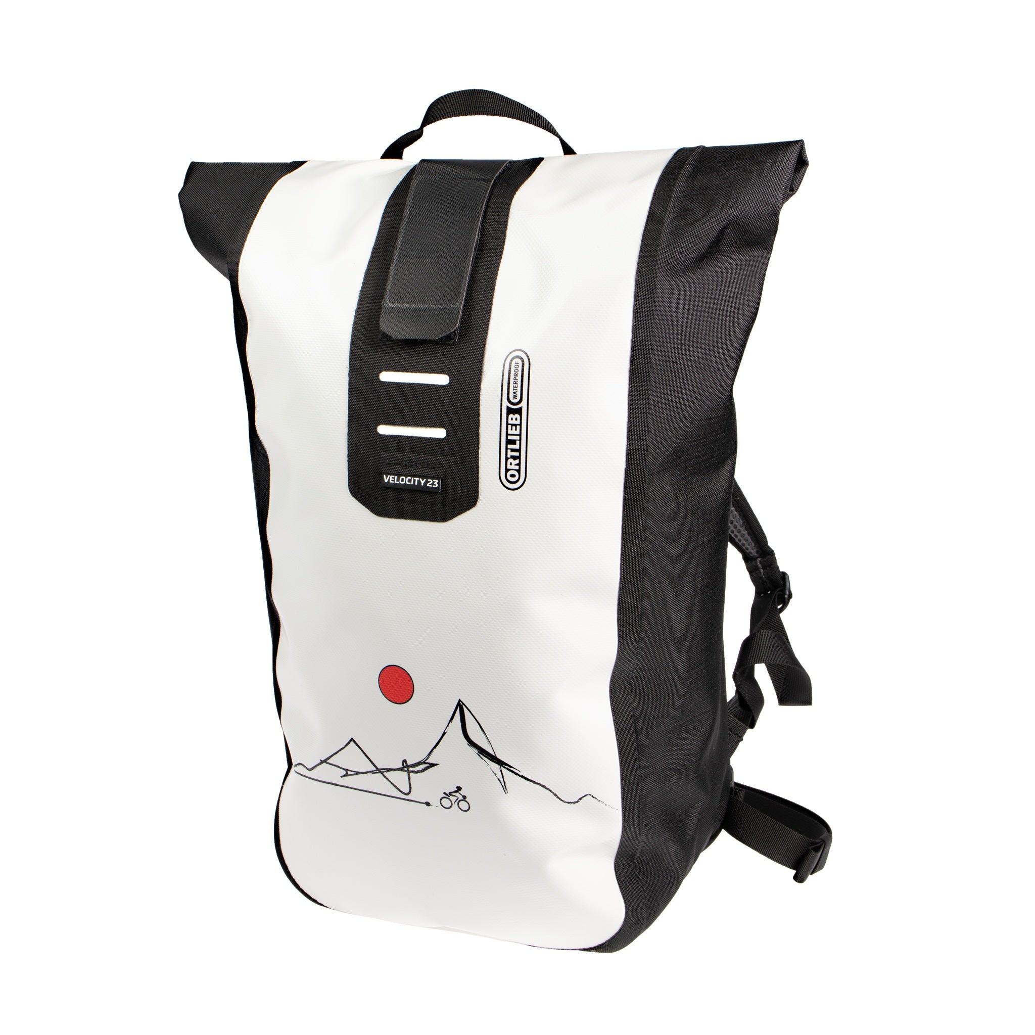 Mochila ORTLIEB Velocity Design blanca y negra con motivo de sol rojo y línea de montaña en la parte frontal