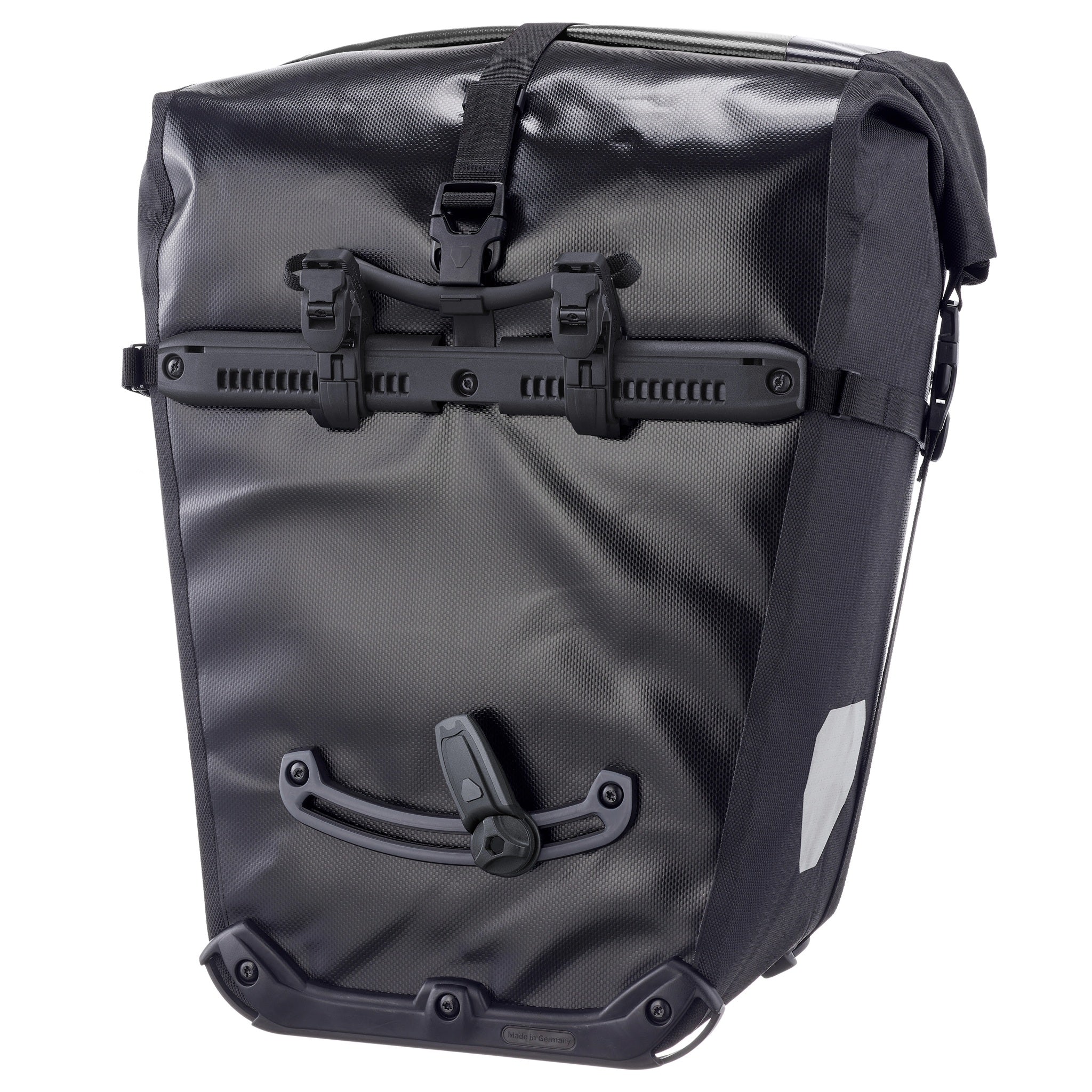 Vista trasera del ORTLIEB Back-Roller XL QL2.2 en asphalt - black con sistema de fijación Quick-Lock2.2