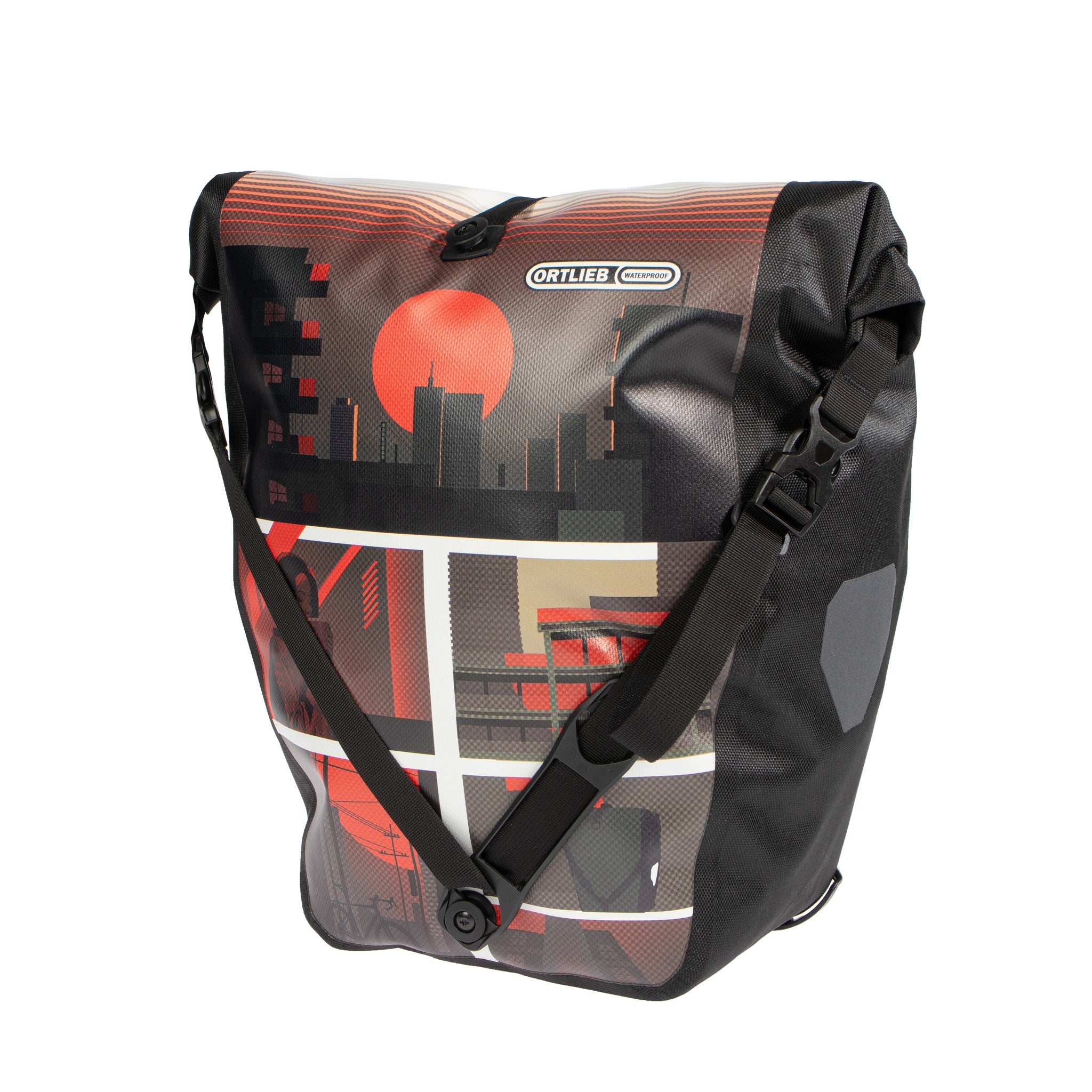 Vista frontal del bolso ORTLIEB Back-Roller Design color design "Morning Routine" con diseño de sol rojo