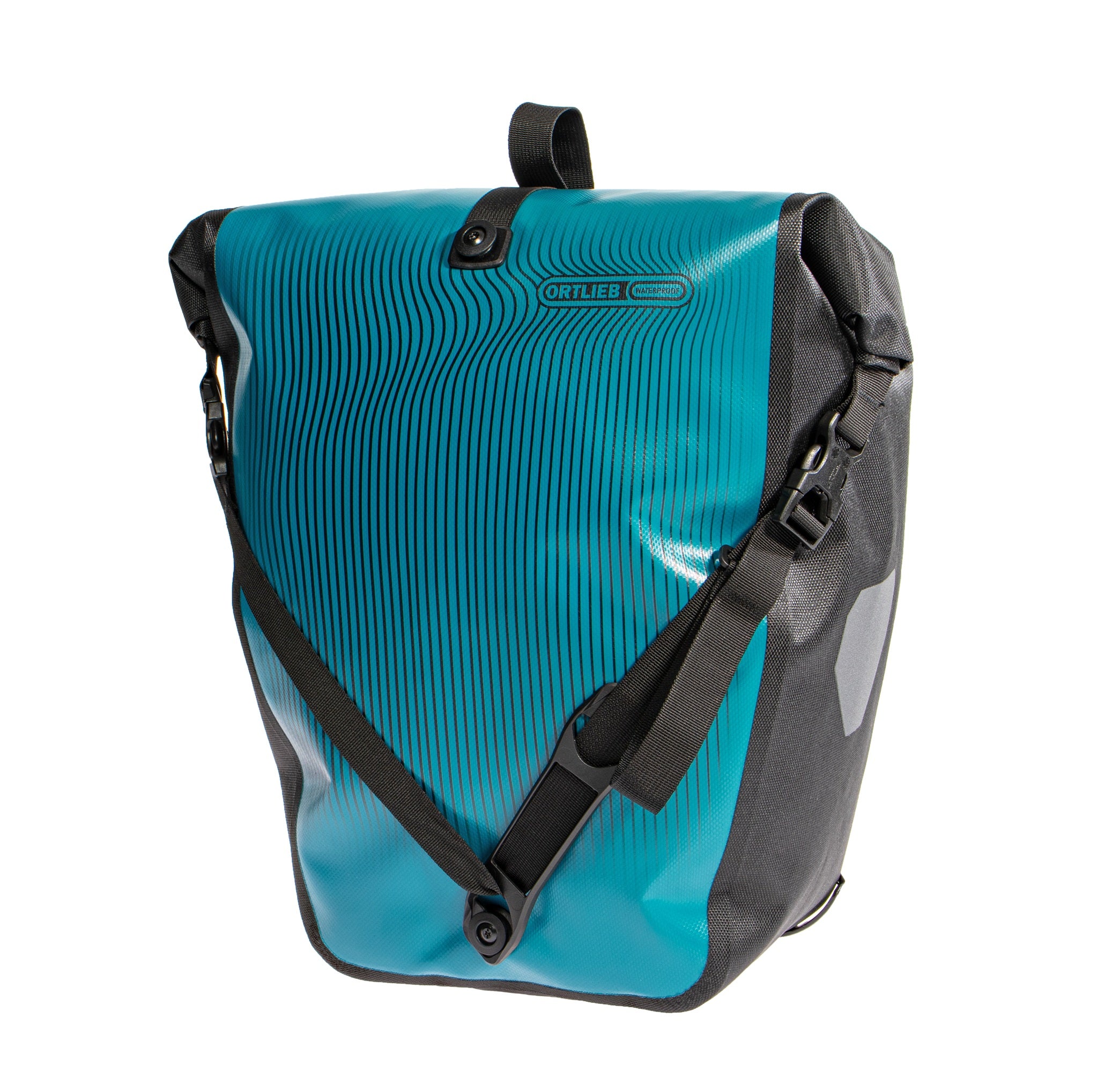 vista frontal del bolso ORTLIEB Back-Roller Design azul petróleo con diseño de rayas gráficas