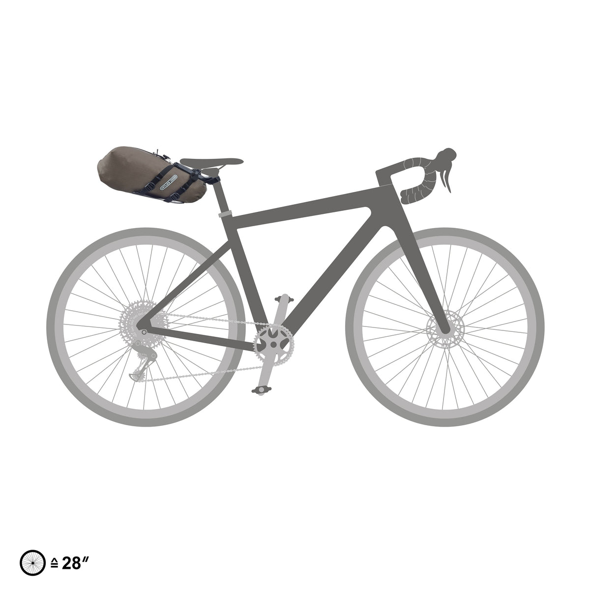 ORTLIEB Seat-Pack QR color dark-sand montada en bicicleta gravel sobre fondo blanco