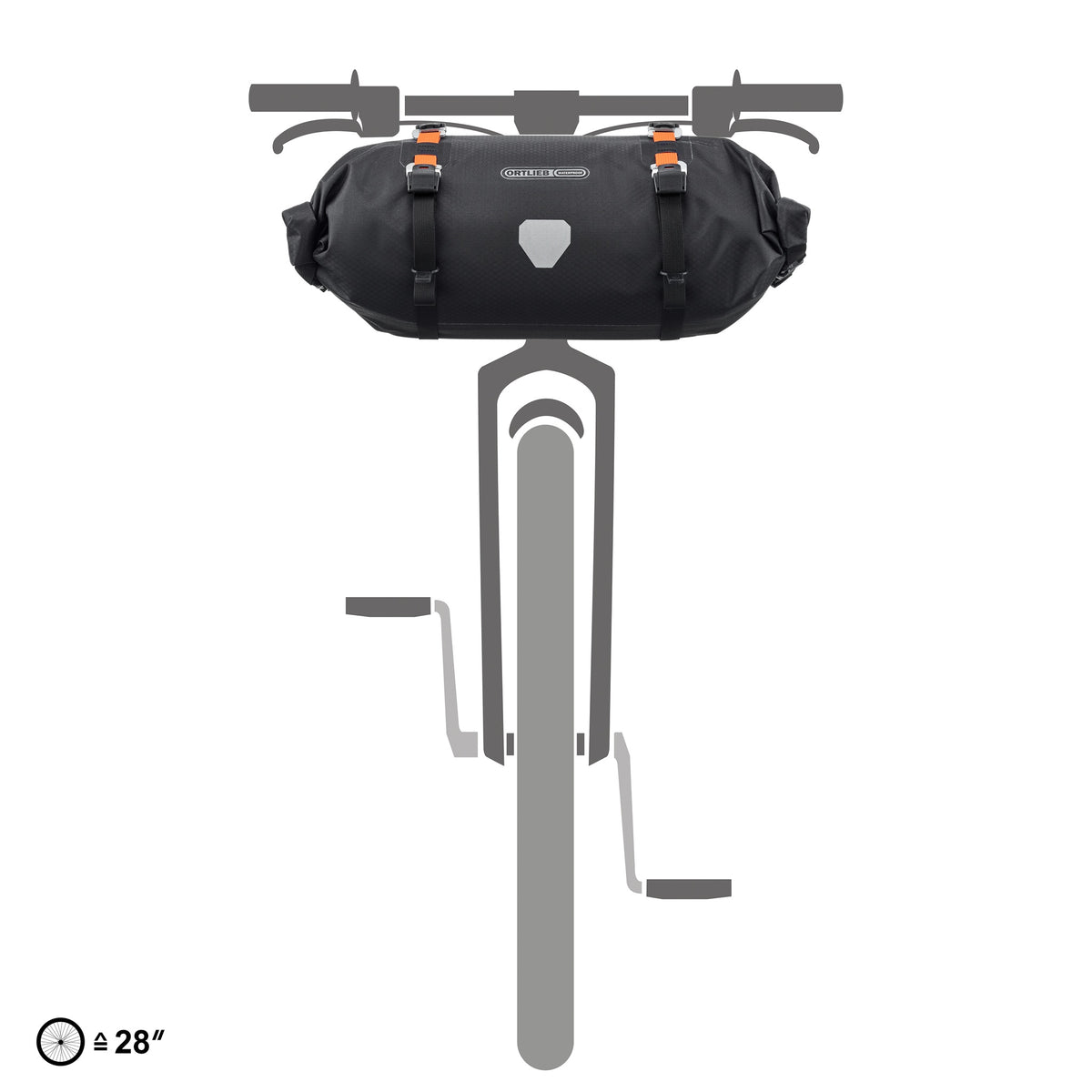 Ilustración del ORTLIEB Handlebar-Pack Flex color black-matt montado en el manillar de la bicicleta