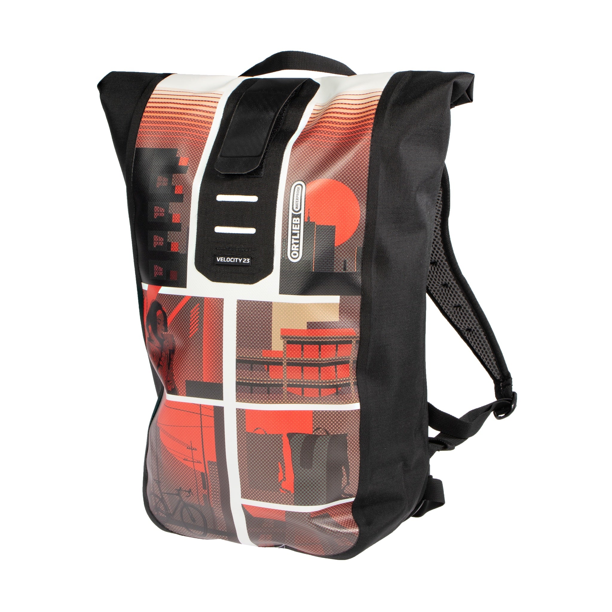 Mochila ORTLIEB Velocity Design con diseño urbano rojo y negro y cierre enrollable sobre fondo blanco
